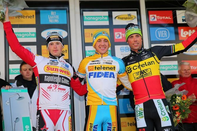 Elite men's Superprestige Middelkerke podium (L-R): Kevin Pauwels, Tom Meeusen and Sven Nys