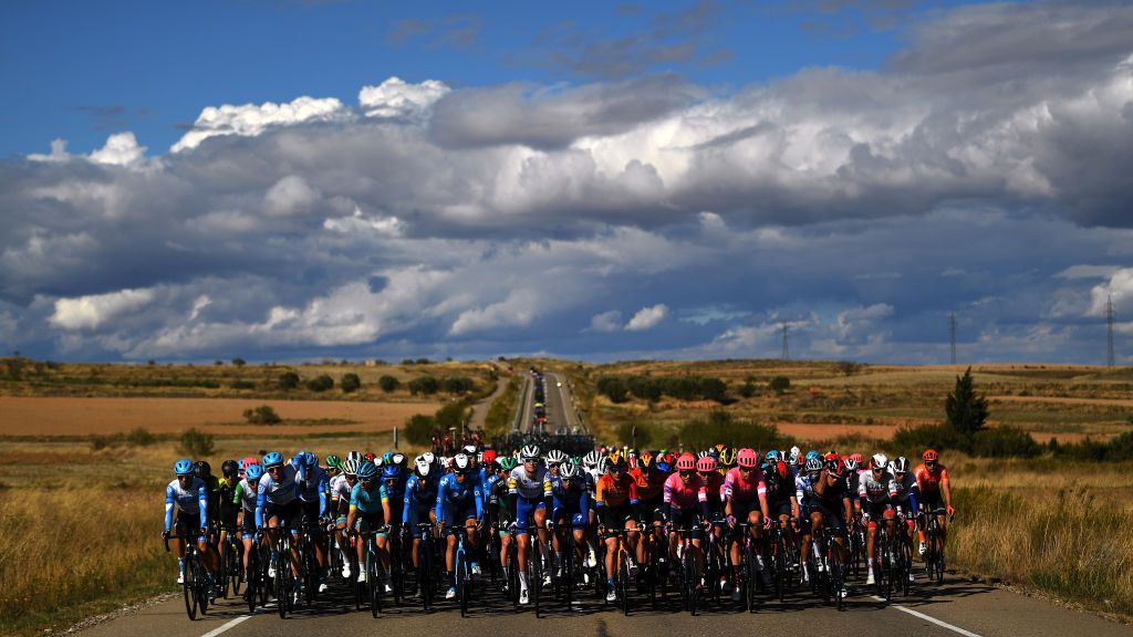 EJEADELOSCABALLEROS SPAIN OCTOBER 23 Peloton Landscape during the 75th Tour of Spain 2020 Stage 4 a 1917km stage from Garray Numancia to Ejea de los Caballeros lavuelta LaVuelta20 La Vuelta on October 23 2020 in Ejea de los Caballeros Spain Photo by David RamosGetty Images