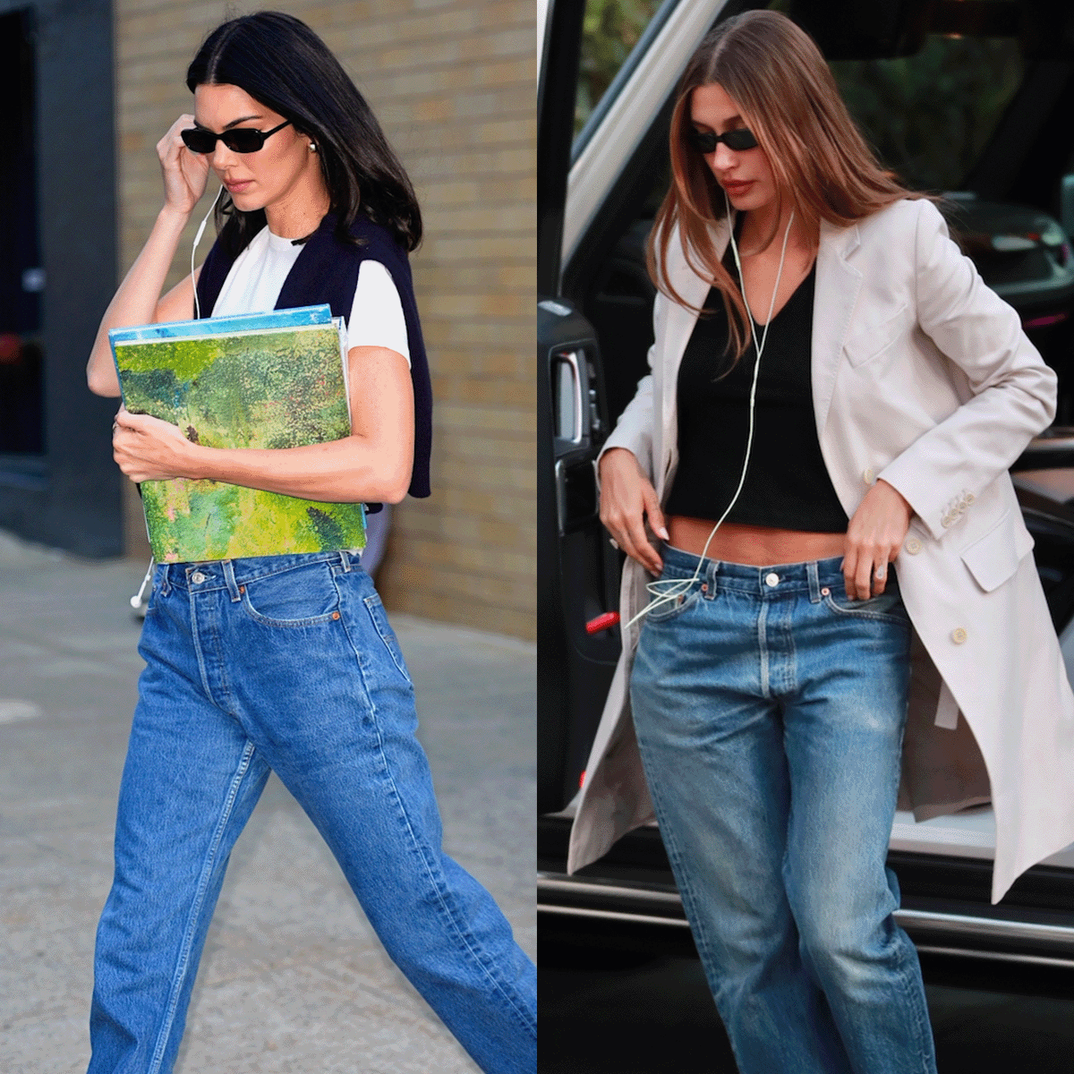 Kendall Jenner and Hailey Bieber wearing Levi's.