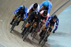 Riders including Mathilde Gros compete at the 2022 Track World Championships