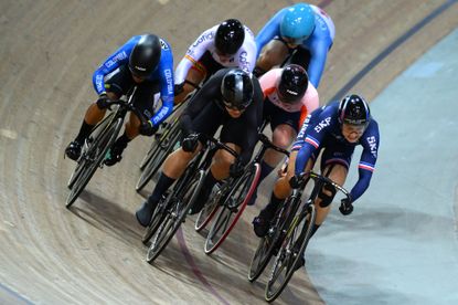 Riders including Mathilde Gros compete at the 2022 Track World Championships