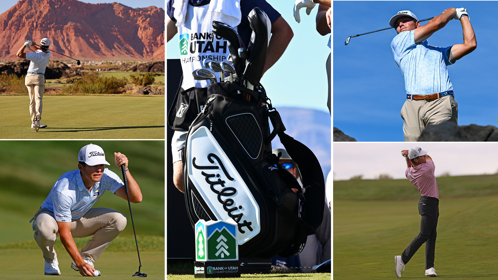 Michael Brennan&#039;s golf bag with various images of him around