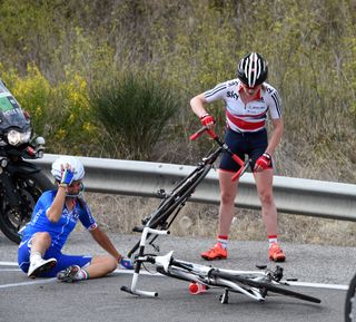 Biene Checcini crashes in the womens road race at the 2014 World Road Championships
