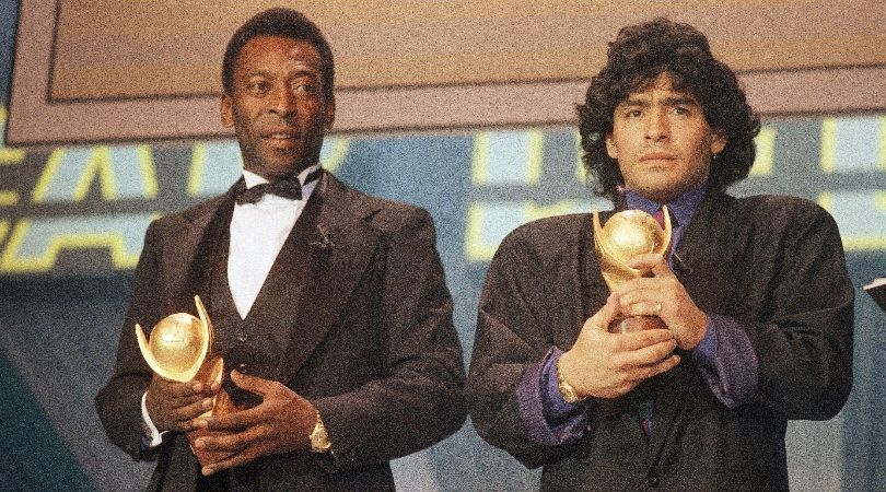 Pele and Diego Maradona at an awards ceremony in Italy in 1987.