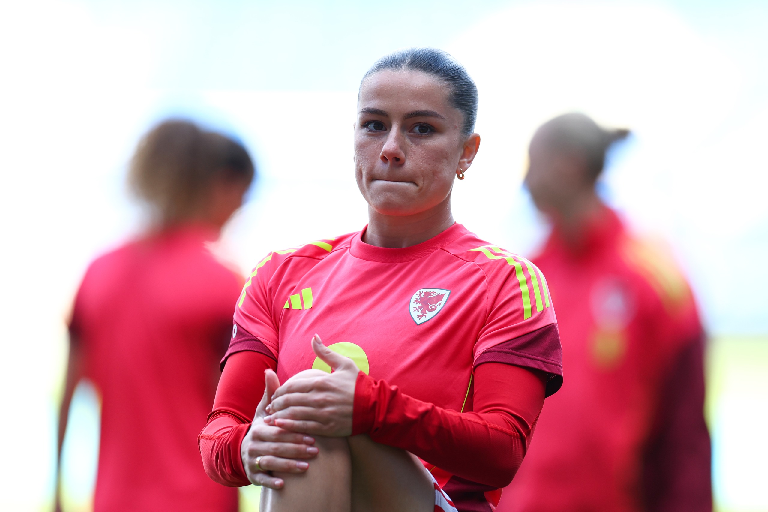 CARDIFF, WALES - JUNE 09: Ffion Morgan of Wales warms up prior to the FIFA Women's World Cup 2027 Qualifier match between Wales and Czechia at Cardiff City Stadium on June 09, 2026 in Cardiff, Wales.