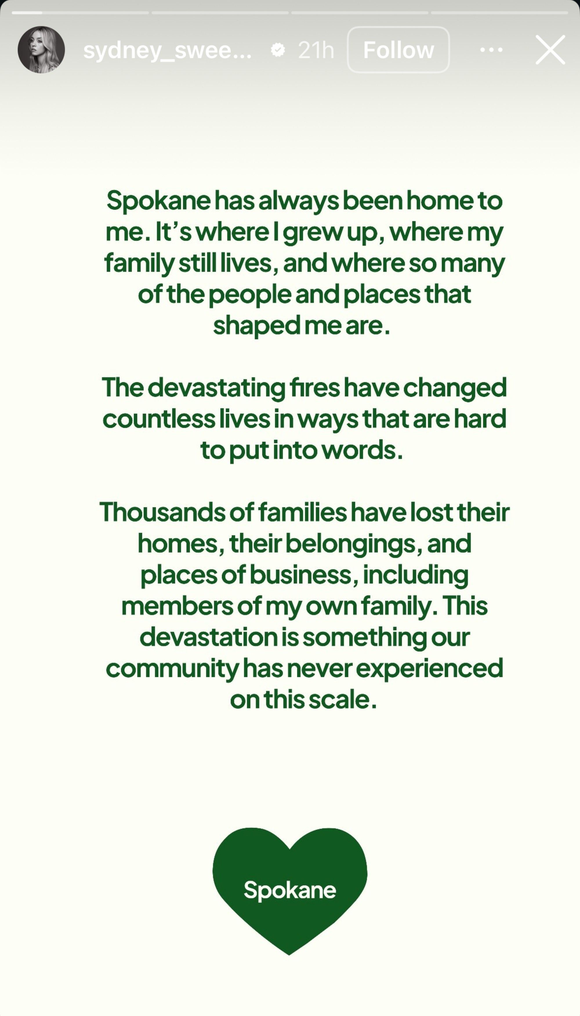 A statement from Sydney Sweeney about the Spokane Wildfires. 