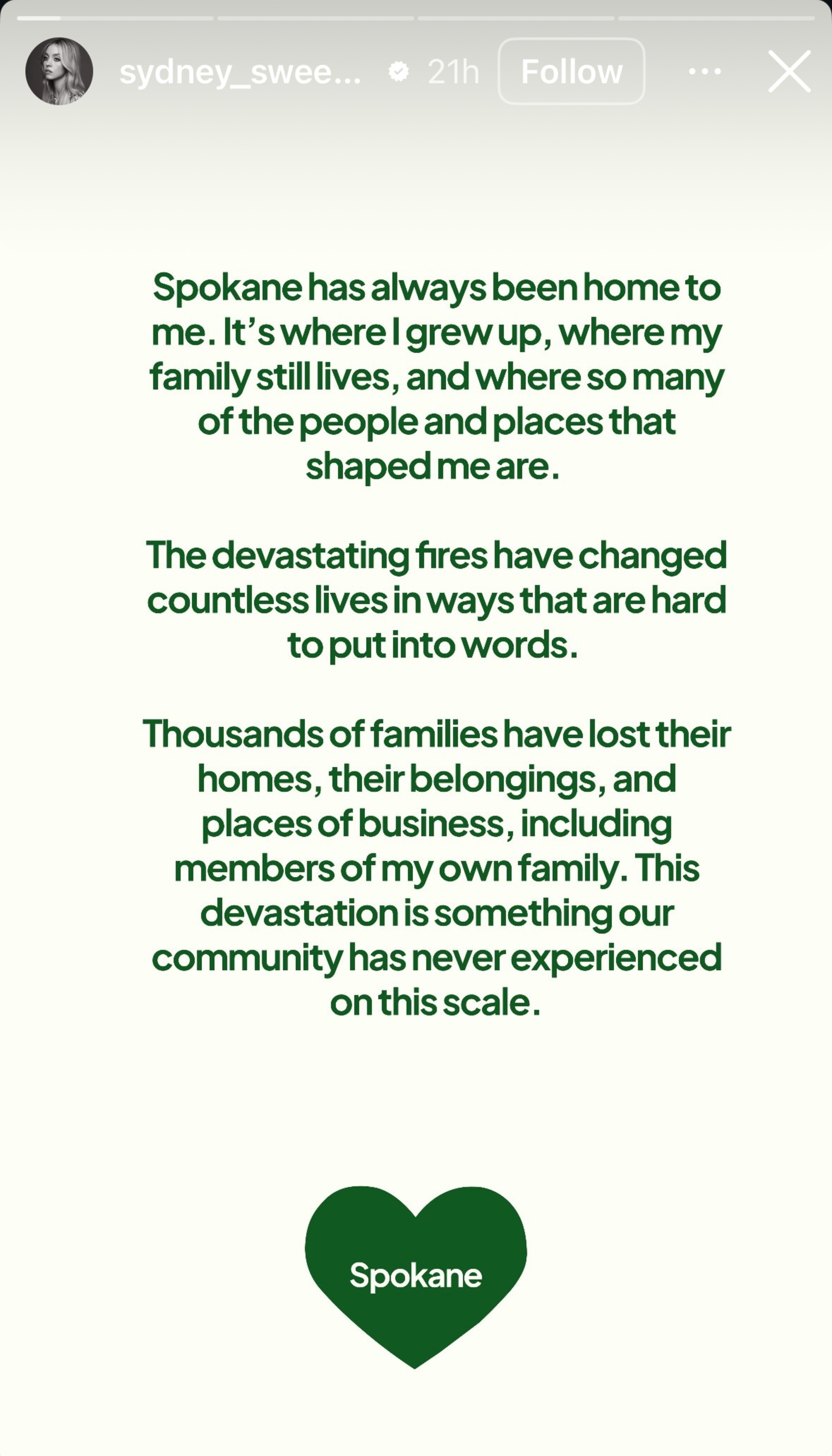 A statement from Sydney Sweeney about the Spokane Wildfires. 