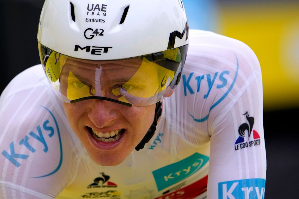 LAVAL ESPACE MAYENNE FRANCE JUNE 30 Tadej Pogaar of Slovenia and UAETeam Emirates White Best Young Rider Jersey celebrates at arrival during the 108th Tour de France 2021 Stage 5 a 272km Individual Time Trial stage from Chang to Laval Espace Mayenne 90m ITT LeTour TDF2021 on June 30 2021 in Laval Espace Mayenne France Photo by Christophe Ena PoolGetty Images