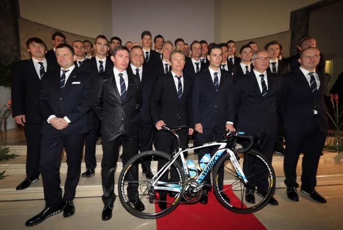 Team manager Alexandr Vinokourov and star rider Vincenzo Nibali are front-and-center for the Astana Pro Team's 2014 presentation