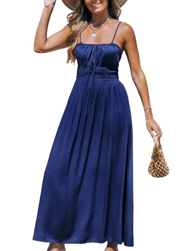 Cupshe Women's Maxi Dress Smocked Sleeveless Self Tied Spaghetti Straps Long Casual Summer Beach Dresses Navy Blue