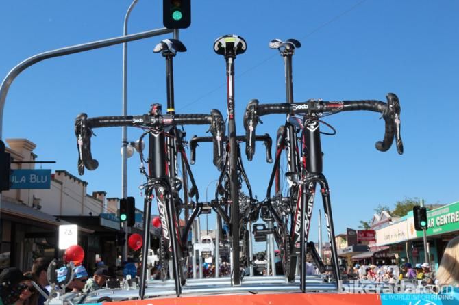 Check out the difference in handlebar width between the bikes of Lotto-Belisol riders Adam Hansen (left) and Tim Wellens. Note that Wellens is both shorter and lighter than Hansen.