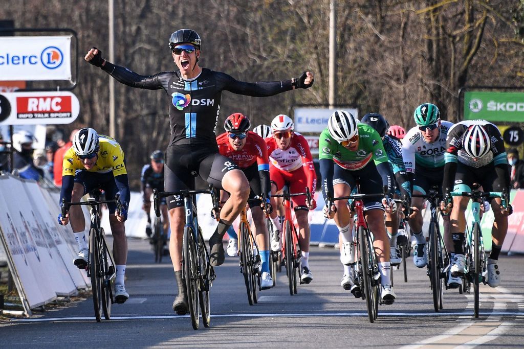 Team Sunweb rider Netherlands Cees Bol L celebrates as he crosses the finish line at the end of the 2nd stage of the 79th Paris Nice cycling race 188 km between OinvillesurMontcent and Amilly on March 8 2021 Photo by AnneChristine POUJOULAT POOL AFP Photo by ANNECHRISTINE POUJOULATPOOLAFP via Getty Images