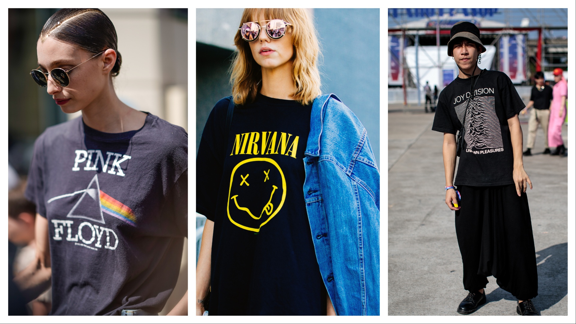 Three people wearing band t-shirts, including logos for Pink Floyd, Nirvana and Joy Division