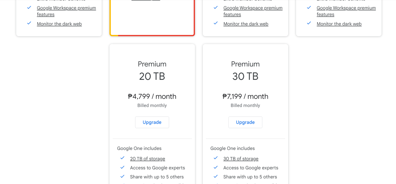 Different tiers in Google One