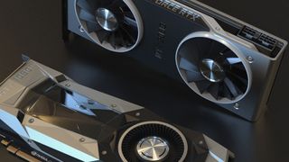 An Nvidia RTX 2080 standing on its side against a metal surface at the top of the frame, with a GTX 1080 card flat down on the same surface at the bottom. Both are shot from a diagonal angle.