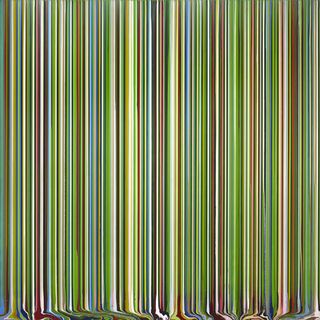 A painting made of many colourful vertical lines.