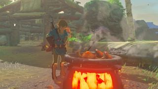 The Legend of Zelda: Breath of the Wild screenshot of Link cooking over a campfire