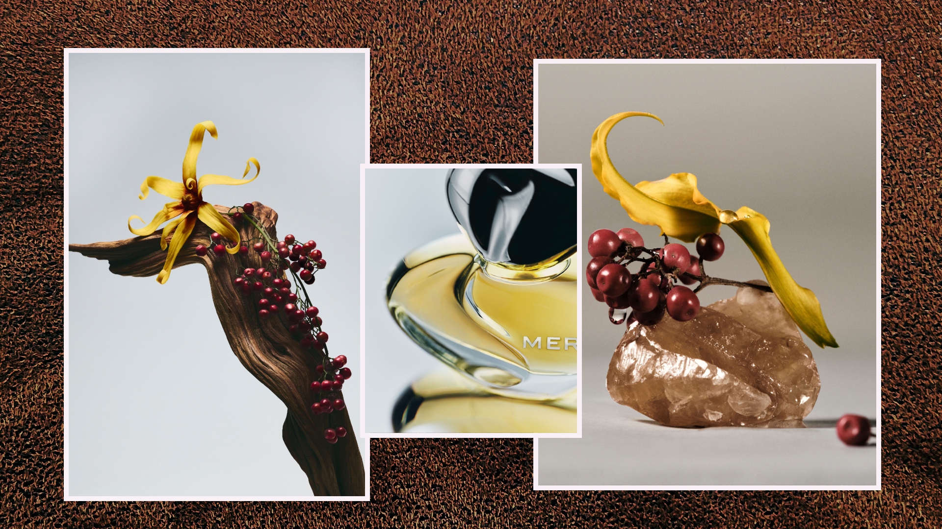 collage of merit's new wave fragrance with images of flowers and glass on a brown background