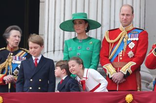 Princess Anne, Prince George, Prince Louis, Kate Middleton, Princess Charlotte and Prince William on royal balcony at Buckingham Palace Trooping the Colour 2023