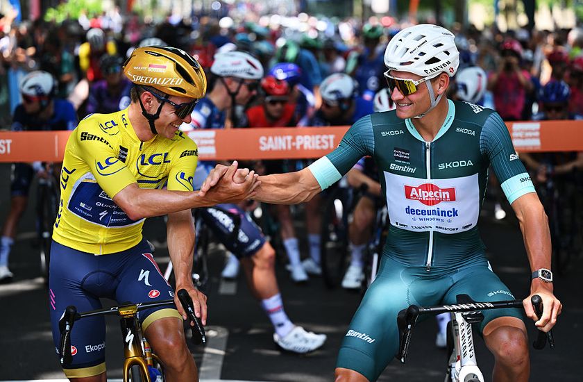 SAINT-PRIEST, FRANCE - JUNE 12: (L-R) Remco Evenepoel of Belgium and Team Soudal Quick-Step - Yellow leader jersey and Mathieu van der Poel of Netherlands and Team Alpecin - Deceuninck - Green points jersey prior to the 77th Criterium du Dauphine 2025, Stage 5 a 183km stage from Saint-Priest to Macon / #UCIWT / on June 12, 2025 in Saint-Priest, France. (Photo by Dario Belingheri/Getty Images)