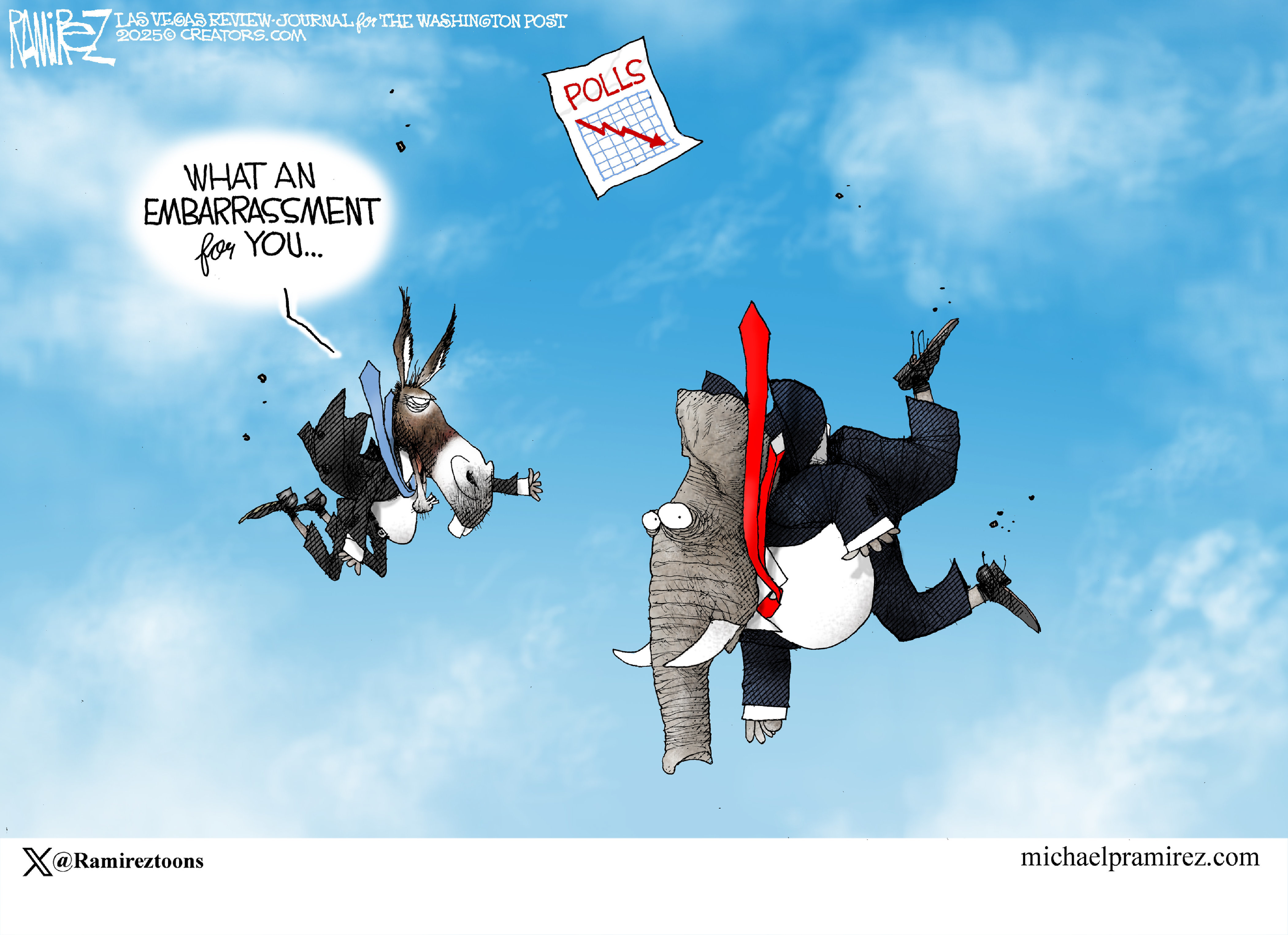 This cartoon depicts a freefalling donkey and elephant next to a chart labeled "POLLS" The donkey says to the elephant, "WHAT AN EMBARRASSMENT for YOU..."
