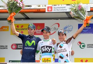 Volta a Catalunya overall podium (l-r) Alejandro Valverde (Movistar) second, Richie Porte (Team Sky), Domenico Pozzovivo (IAG2R La Mondiale)