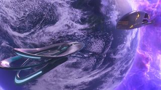 The Orville and a Moclan battlecruiser stand off against each other in the episode 'Sanctuary.'