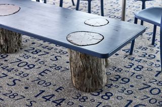 Table with tree trunk legs, and carpet with numbers indicating degrees of latitude and longitude, in MV Queenscliff Ferry