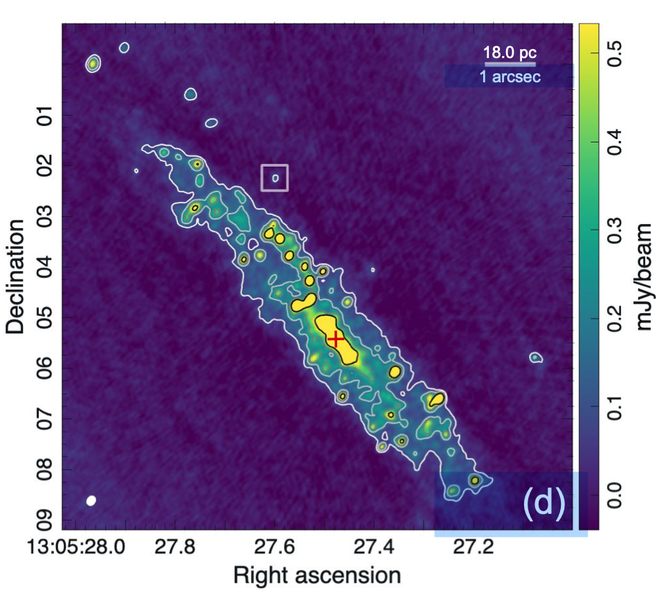 A heat map of the spiral galaxy NG 4945, with a box around a small blue dot showing Punctum, the unknown object
