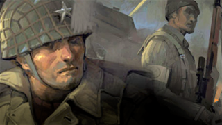 Painted style image of a soldier's face unhappily looking at the camera