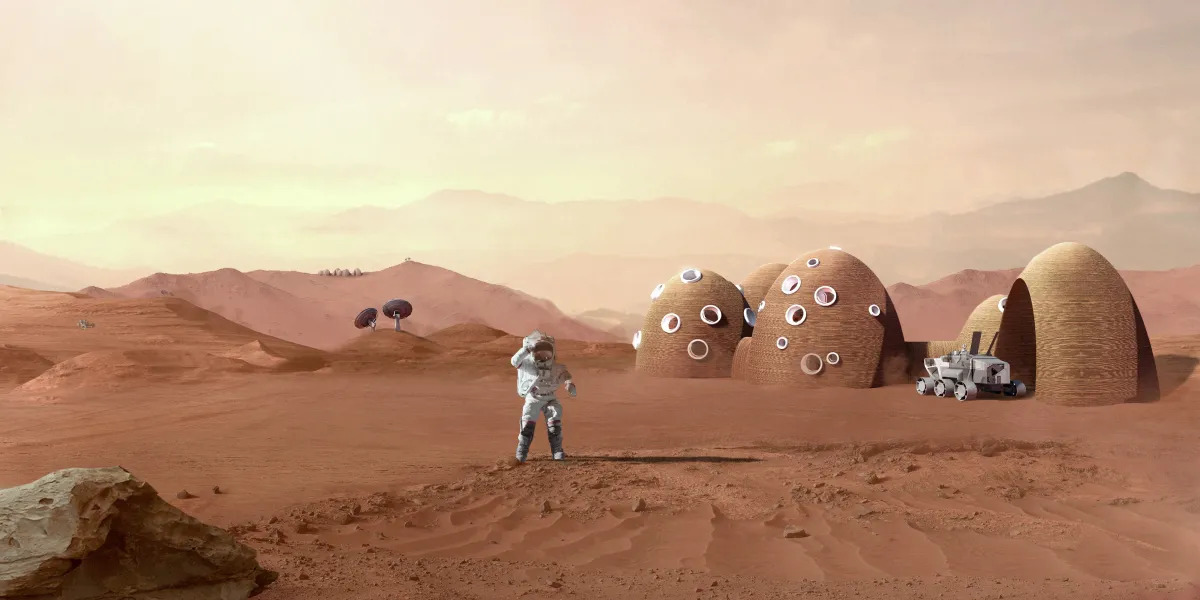 An illustration of a series of hills with individuals wearing white spacesuits walking around the hills on the surface of Mars