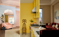 A trio of images: a room with ombre walls of pastel pink and blue, a kitchen with yellow walls and cabinetry, a living room with greige walls and deep red sofas