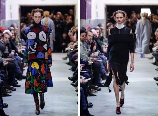 Models wear floral print skirt and knitted top, polished leather boots, dark blue off-shoulder top and asymmetrical skirt