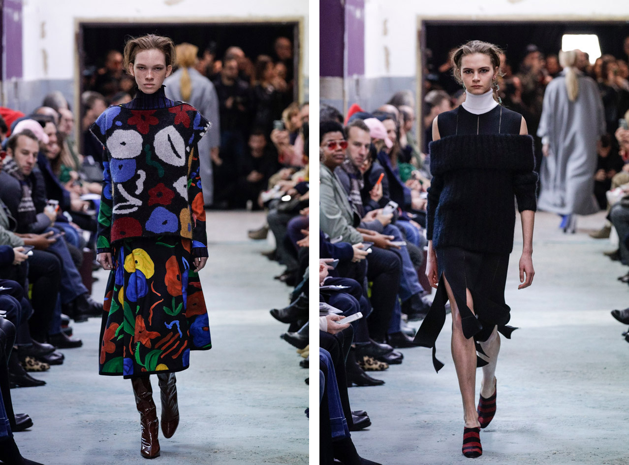 Models wear floral print skirt and knitted top, polished leather boots, dark blue off-shoulder top and asymmetrical skirt