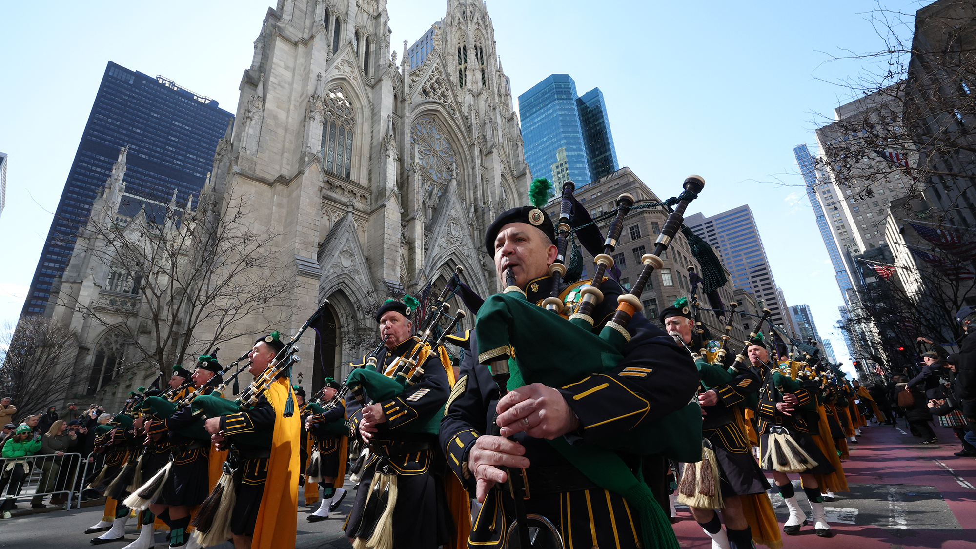 Bagpipers of the NYPD Emerald Society march during the annual St. Patrick's Day Parade in New York