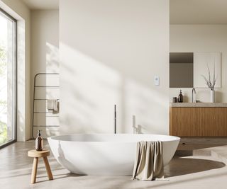 minimalistic bathroom with freestanding bath behind dividing wall with sinks and mirror on other side of the room