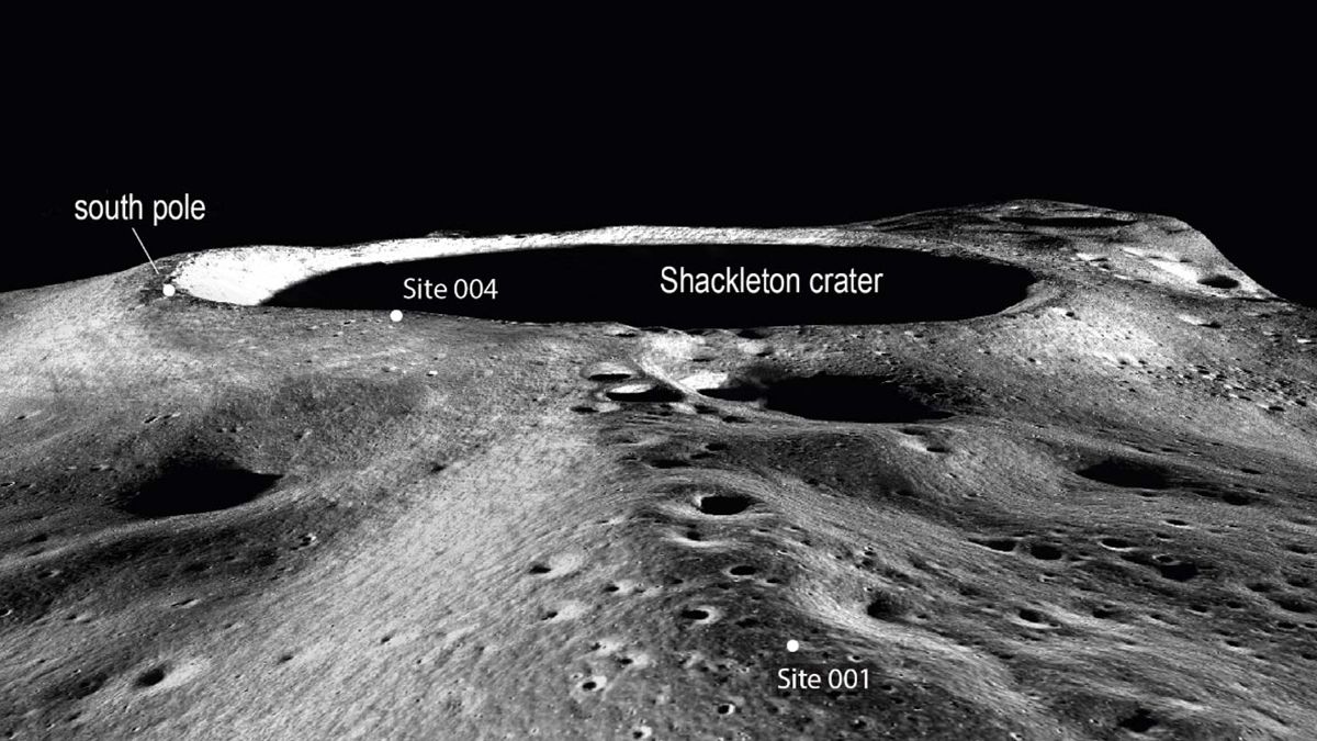 Potential landing sites of NASA&#039;s Artemis 3 mission around the Shackleton crater near the lunar south pole.