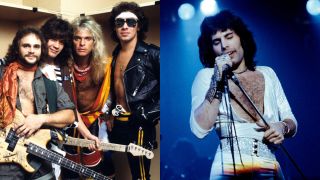 Van Halen backstage and Queen singer Freddie Mercury onstage