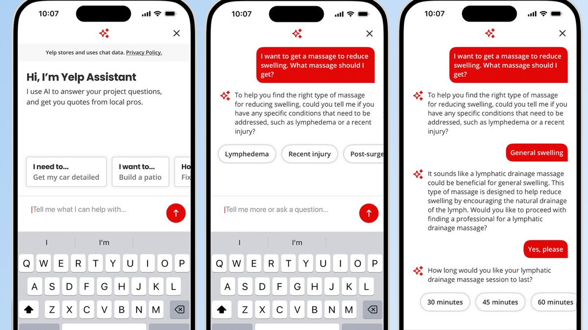 Screenshots of Yelp&#039;s new AI assistant