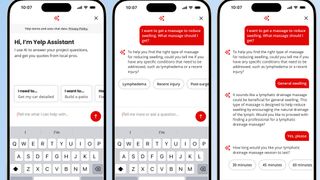 Screenshots of Yelp's new AI assistant