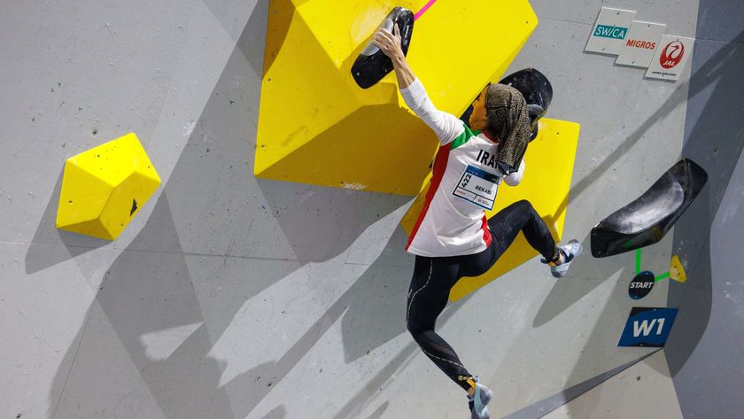 Elnaz Rekabi competes during the women&#039;s boulder semi-finals of the IFSC Climbing World Championships in Bern, Switzerland