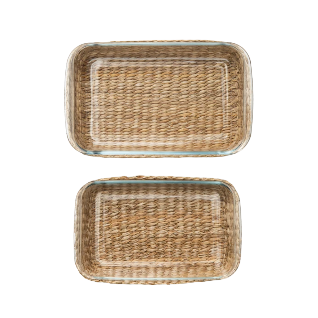 Rattan covered glass oven dishes