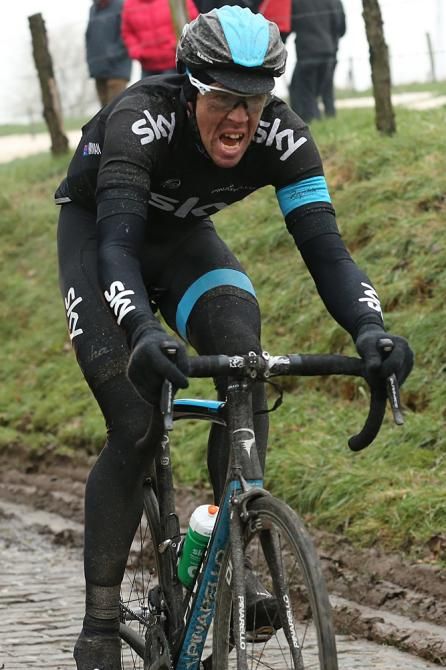 Mat Hayman (Sky) suffers with a solo attack on the Oude Kwaremont