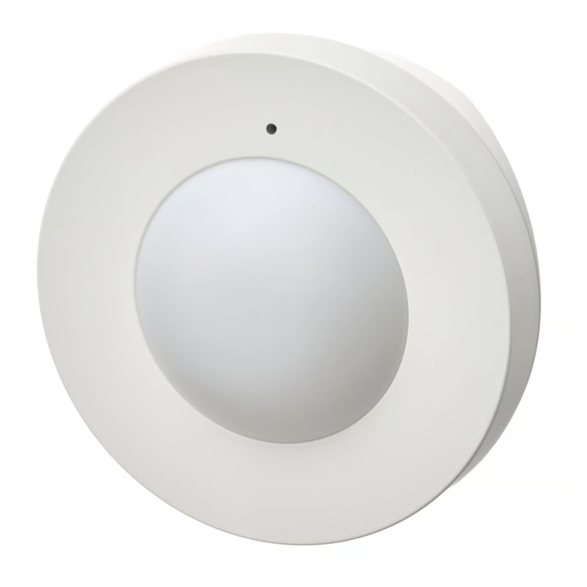A white, circular IKEA MYGGSPRAY smart home sensor