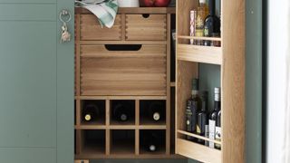 green kitchen pantry organized with bottle storage areas