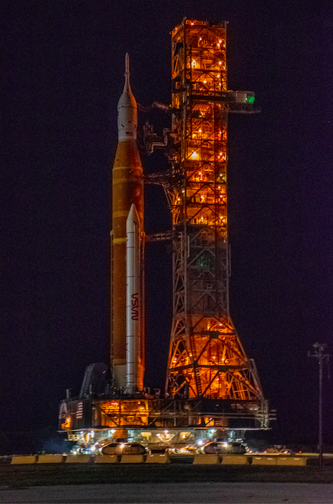 Another shot of Artemis 1 receding from the launch pad on April 25-26, 2022. The Artemis 1 mission will use a Space Launch System rocket to send an uncrewed Orion capsule around the moon.