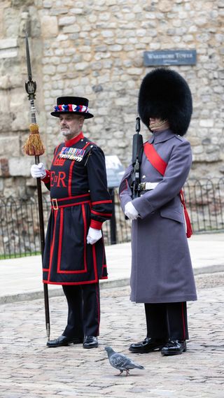 Beefeaters and an Irish Guard at the Tower of London