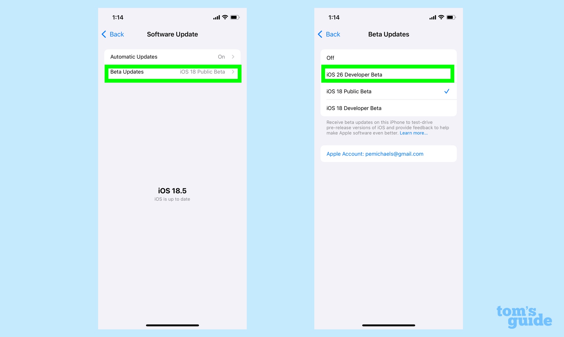 select the iOS 26 developer beta from list of available downloads
