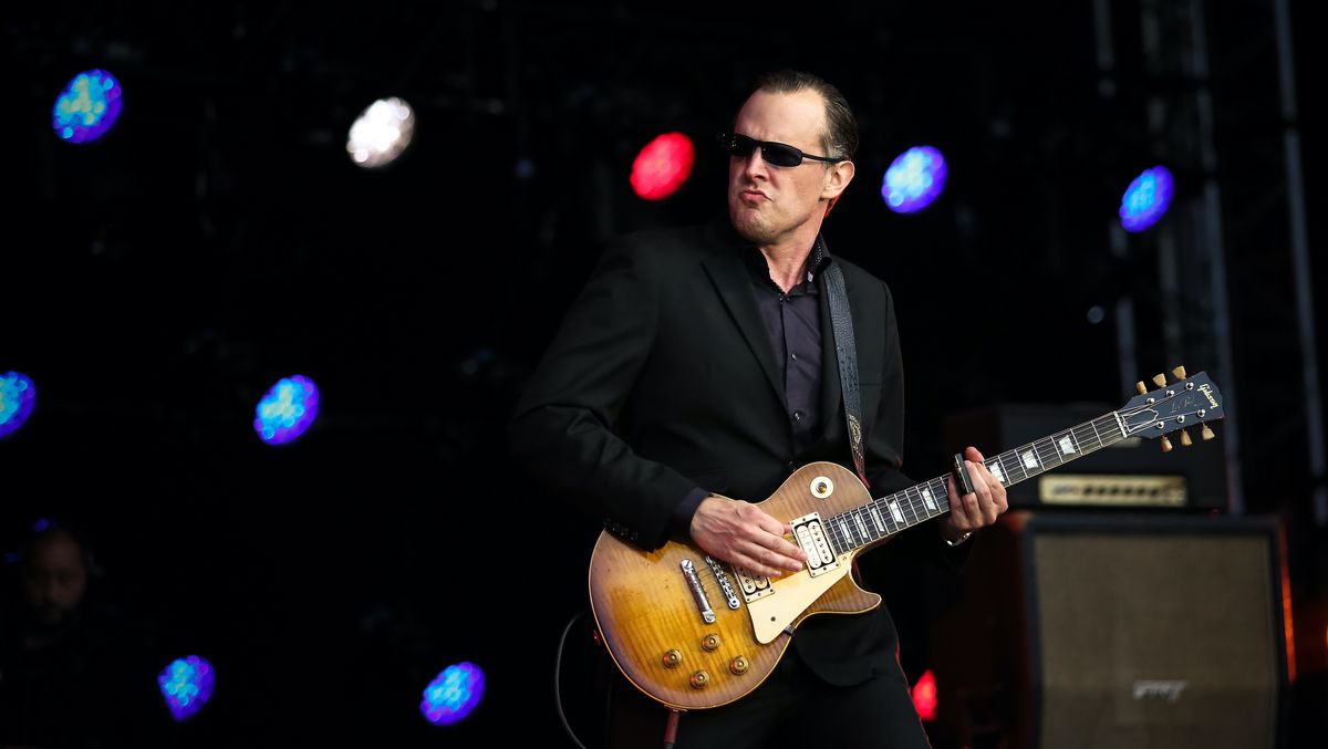 Joe Bonamassa performs on stage as part of his British Blues Explosion tour, special tribute tour to Jeff Beck, Eric Clapton and Jimmy Page at the Old Royal Naval College on July 7, 2016 in Greenwich, England