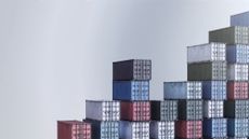 illustration of a bunch of shipping containers of different colors, stacked in rows that suggest an upward trend from left to right